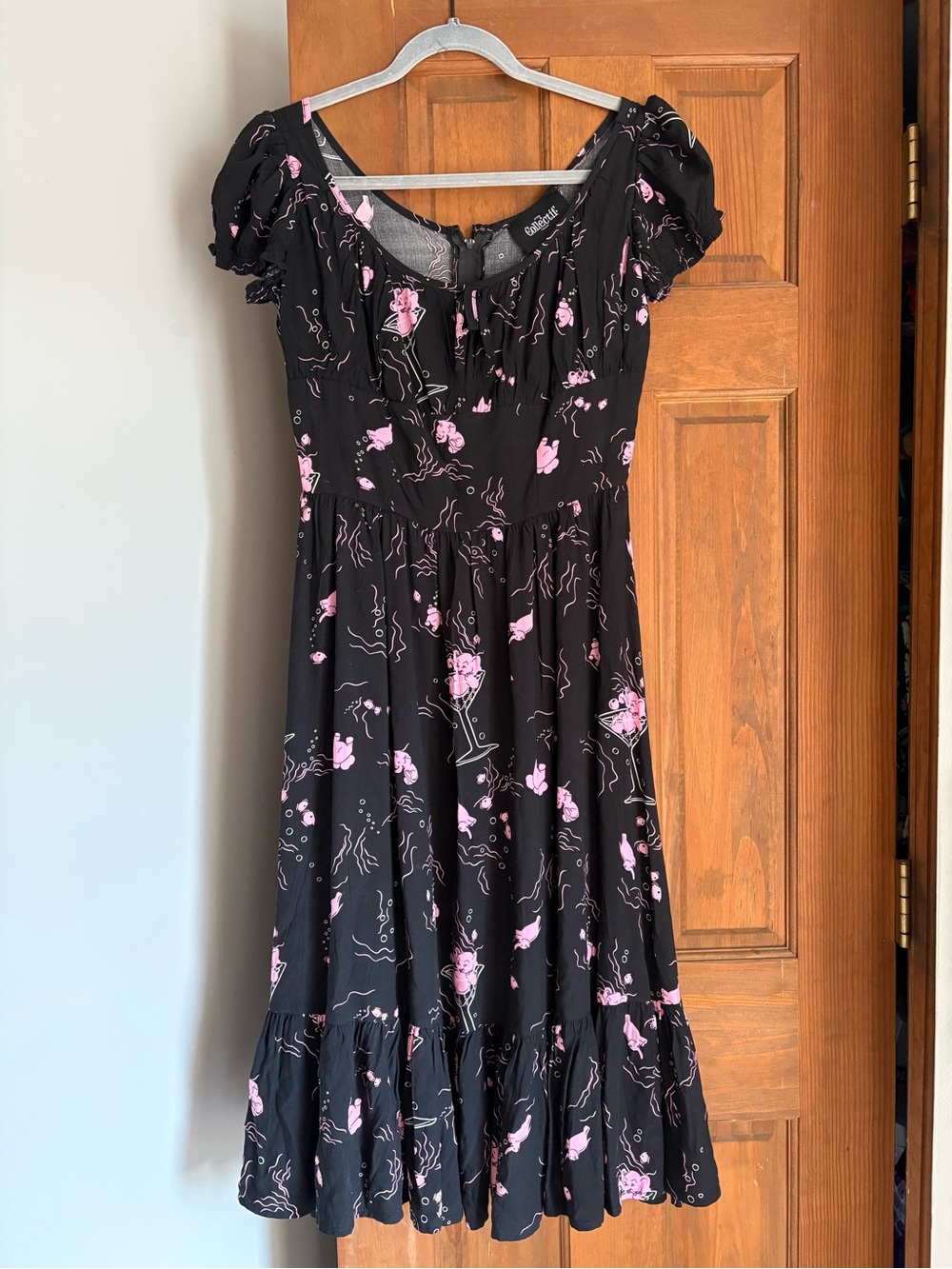 Collectif US Small UK 10 Carmen Tipsy Elephants Novelty Print Black Dress Retro